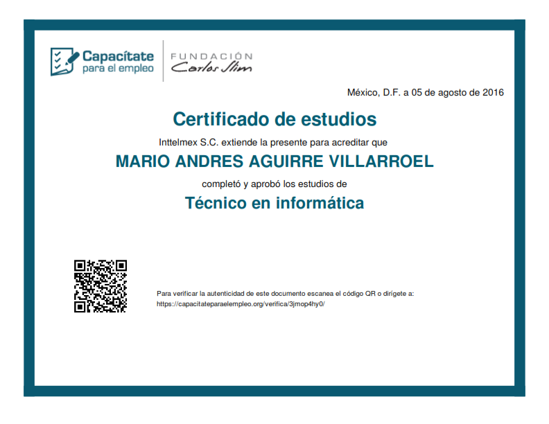 Certificado en Técnico en Informática